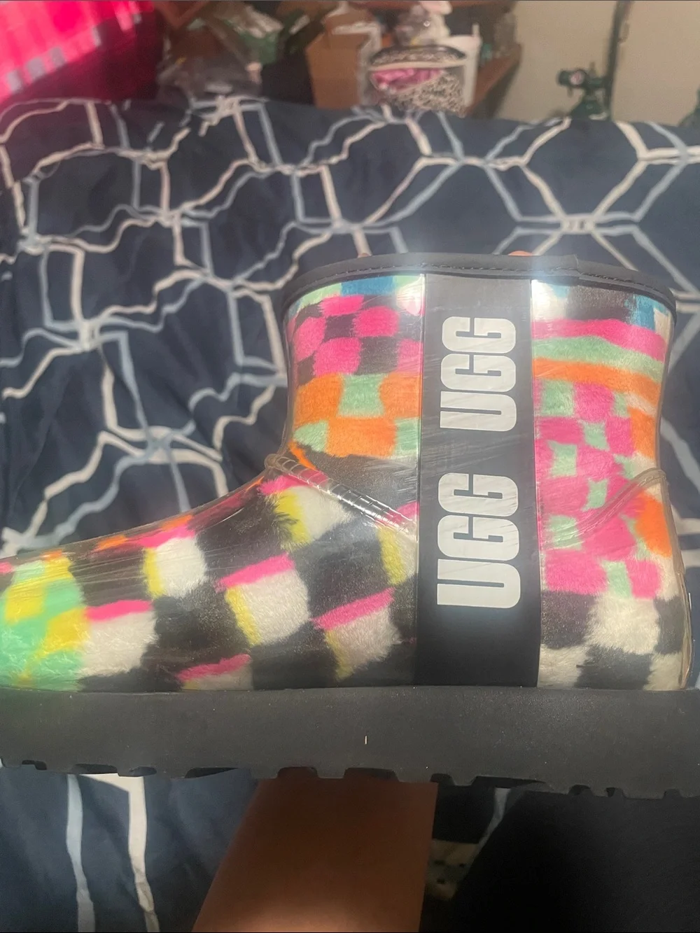UGG Kids Multicolor Check Rain Boots - Pink, Orange, Yellow, Green, Blue